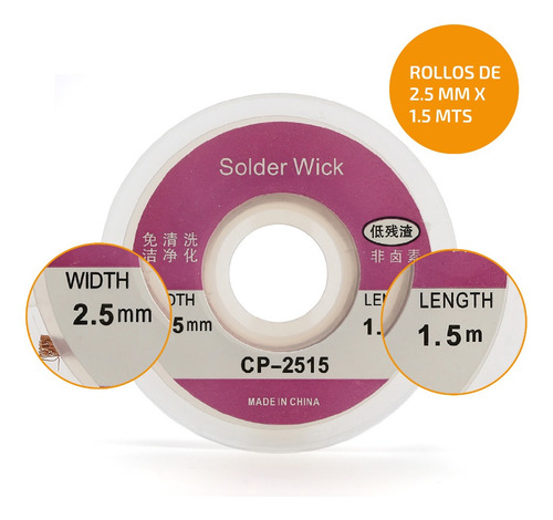 Imagen 6 de 7 de Malla Desoldante Yihua Cinta Cobre 2.5mm Ancho X 1,5 Metros