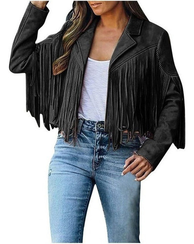 Women's Denim Jacket With Faux Leather Fringes