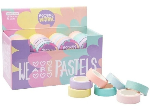 Cinta Washi Tape Caja X48 Glitter Mooving Pastel 1x5cm X 5m