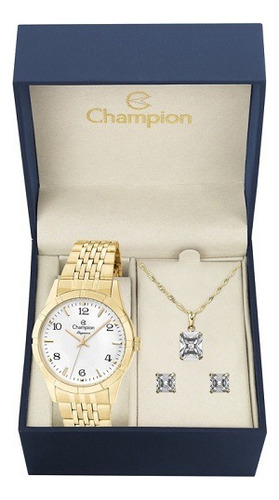 Relógio Champion Feminino Dourado Cn25449w + Colar E Brincos