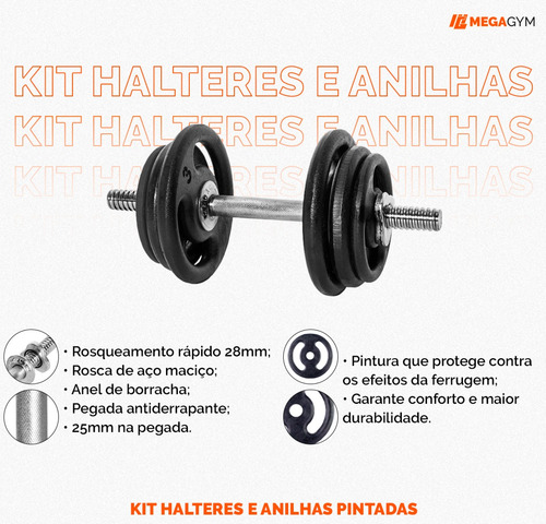 Kit 24kg De Anilha + Halteres Rosca 40cm Barra Musculação