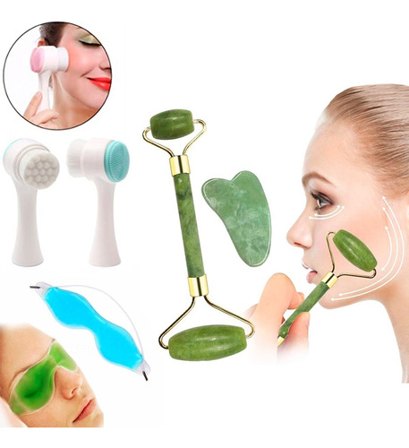 Rodillo Y Gua Sha De Jade + 1 Cepillo Facial +1 Antifaz Gel 