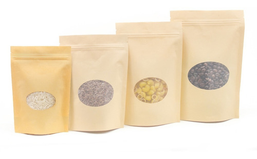 Imagen 2 de 6 de 50 Bolsas Stand Up Pouch Kraft Con Ventana Ovalada 80 Grs