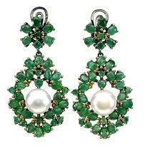 Comprar Aretes Esmeraldas Y Perlas, En Plata 925 Baño Oro 14k, Rodio