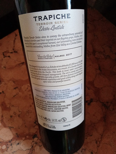 Vino Trapiche Terroir Series Ed Limitada Malbec 2017 X Bot.