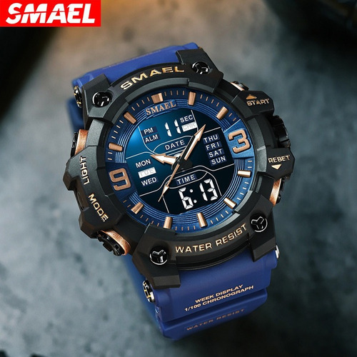 Relógio Smael 8049 com tela dupla à prova d'água até a pulseira, cor azul escuro