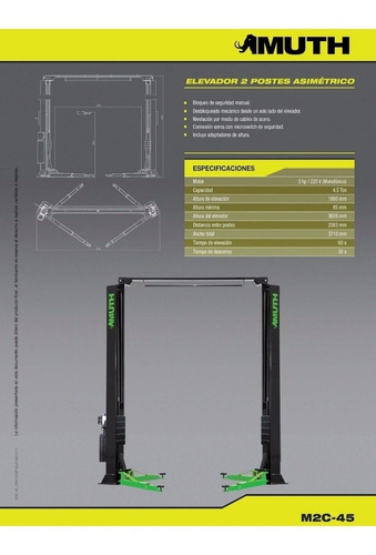 Elevador De 2postes 4.5ton Riel Aerea Asimetrico Muth M2c-45
