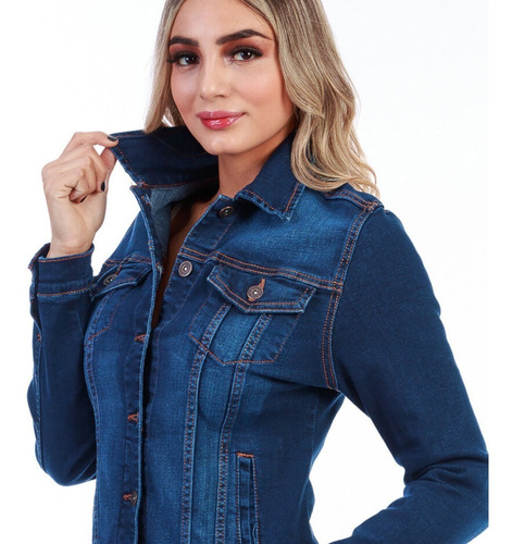 Imagen 5 de 5 de Chamarra De Mezclilla Stretch Mujer Ajustable Azul Oscuro