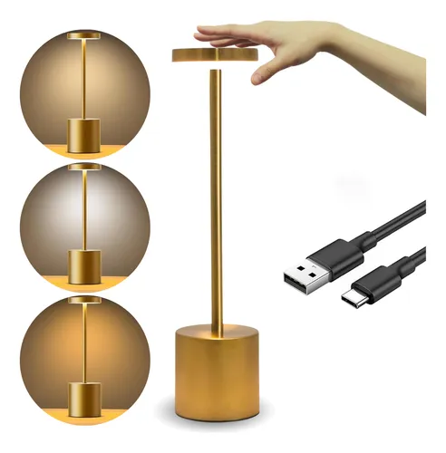 Lámpara De Mesa Luz Led Táctil Recargable Usb Restaurante © Estructura Dorado