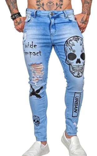 Calça jeans masculina estampada sales