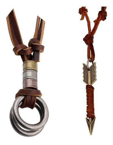 Kit 2 Cordão Colar Masculino Couro Legítimo Argolas + Flecha Cor Marrom-escuro