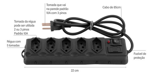 Filtro De Linha Extensao Eletrica 5 Tomadas