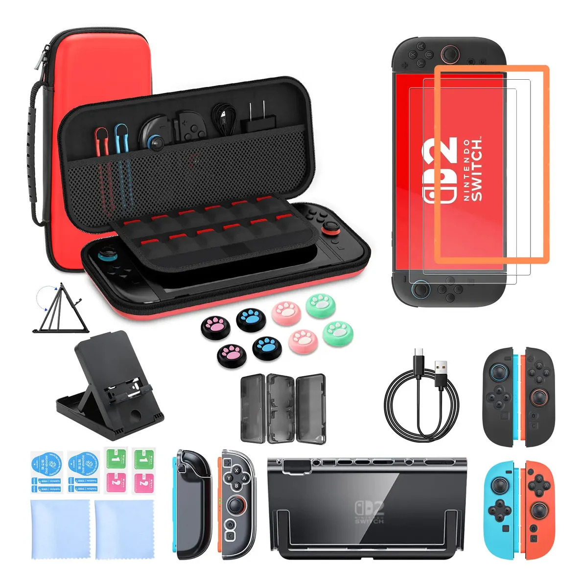 Estuche Kit De Accesorios Para Switch 2 Funda Mica Protector Rojo