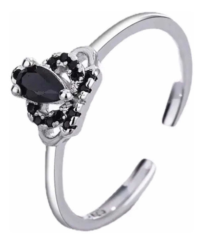 Anillo Mujer Ajustable Corona Negra Plata Esterlina