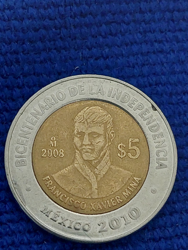 Moneda Francisco Xavier Mina $5.00 Pesos Conmemorativa.