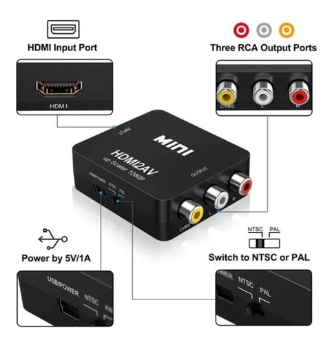 Imagen 2 de 6 de Adaptador De Convertidor De Audio Y Video Tv Hdmi A Rca 1080