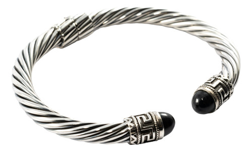 Brazalete De Plata Adornado Con Grecas Y Onix Unisex