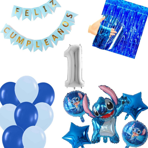 Combo Deco Stitch Globo 3d + Estrellas + Feliz Cumpleaños 