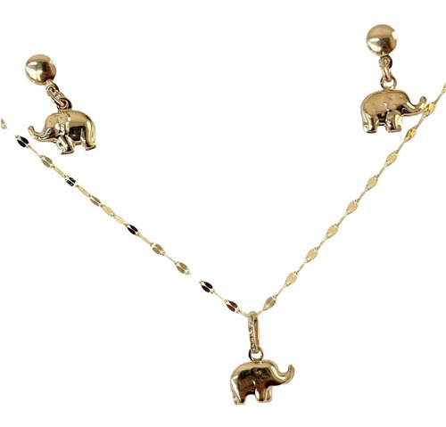 Juego Aretes Dije Aglobados Mini Elefante Y Cadena Oro 10k