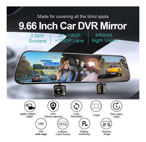 1080p 3 Cámaras Lente Car Dvr Recordadora Video 10 Pulgadas
