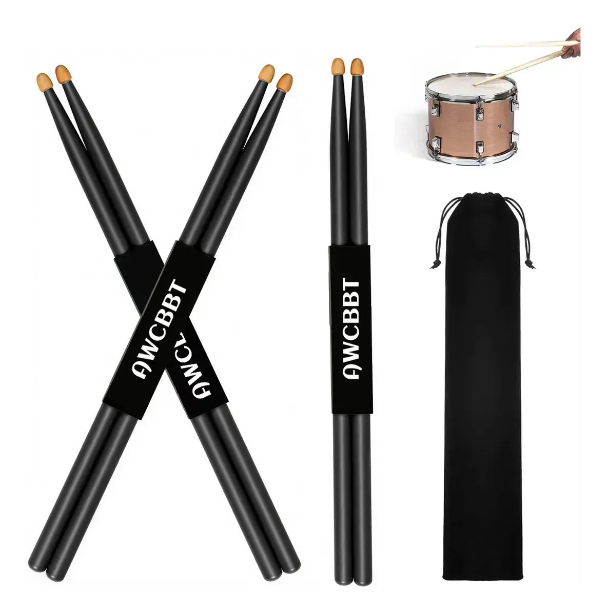 Kit Gvfyy 3 Pares De Batería Para Tambor (2x5a + 1x7a) Con Clásica Madera De Arce, Ideal Para Adultos, Niños Y Principiantes Negro