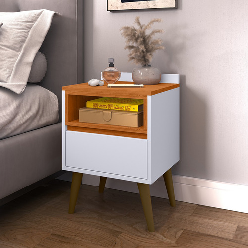 Mesa De Cabeceira Luxo Borcelle - Quarto Melissa Mdp Brilhante Branco/cedro