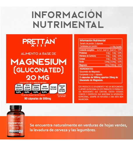 Gluconato De Magnesio 20mg Suplemento 90 Capsulas Prettan