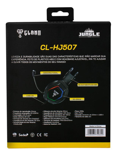 Fone De Ouvido Jungle Cl-hj507 Preto Led 3 Cores Com Fio Usb
