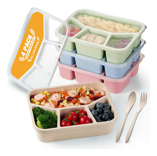 Hlukana 4 Pack Bento Lunch Box 4 Compartment Wheat Straw