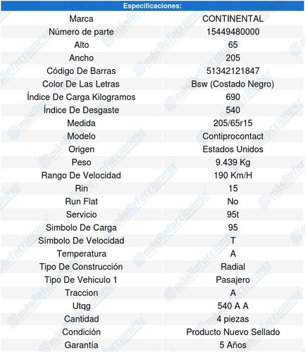 4 Llantas 205/65r15 95t Continental Contiprocontact