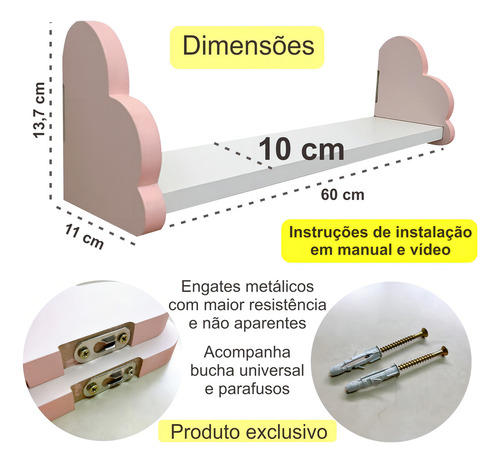 3 Prateleiras Nuvem Colorida Quarto Decoração Infantil 60cm Cor Branco