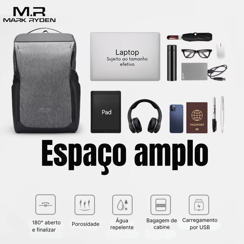 Mochila Premium Executiva Multifuncional Impermeável Compartimento Frontal Magnético Notebook 15.6 Com Usb Modelo Traveler Mark Ryden Cor Cinza Liso