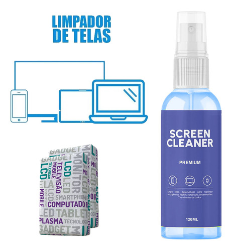 Limpa Telas Premium 120ml Com Pano Microfibra Cor Azul Claro
