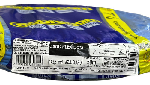 Cabo Flex Fio Cobre 2,5mm Azul 750v Rolo 50m Cobrecom