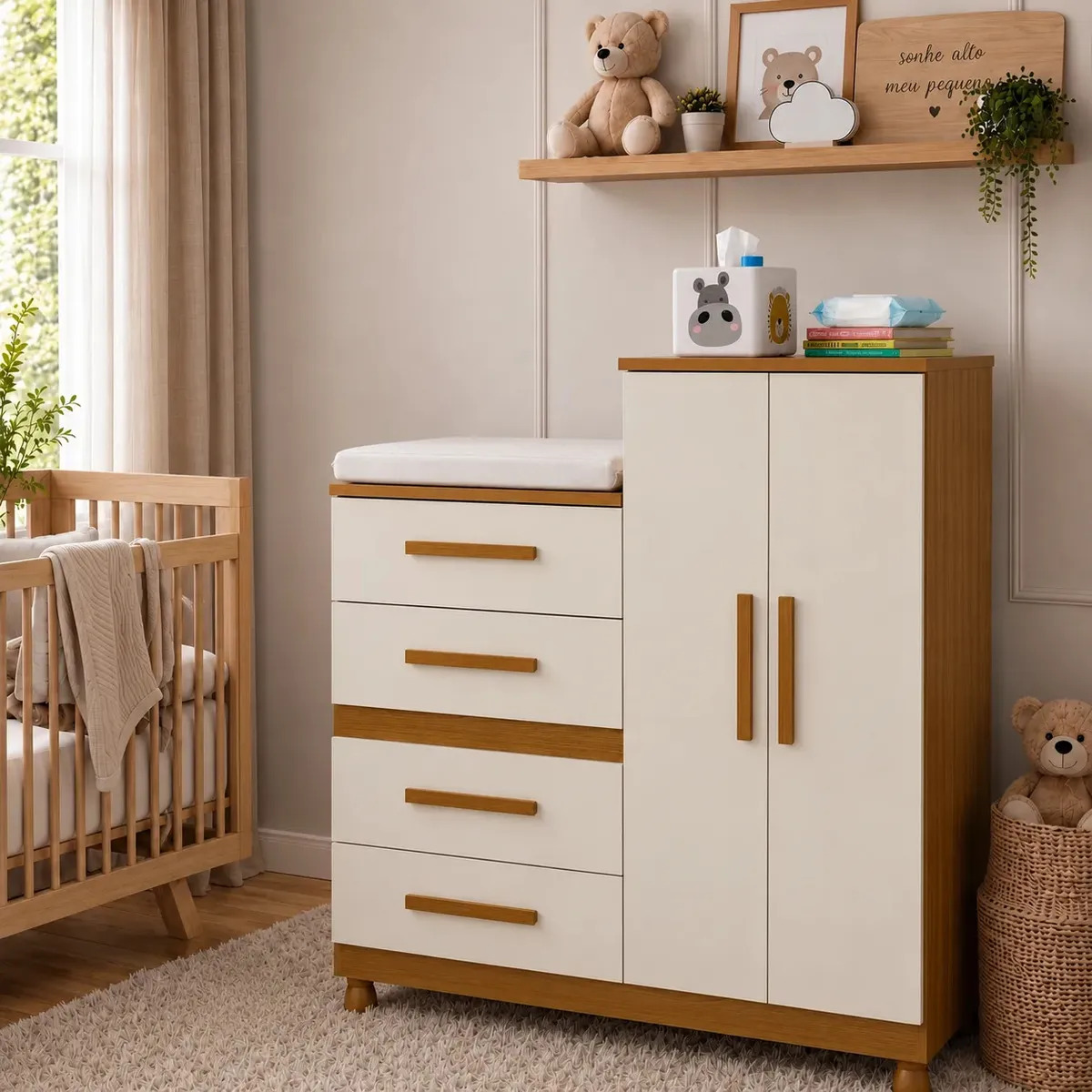 Cômoda Infantil Isabela New com Trocador, 4 Gavetas e 2 Portas para Quarto de Bebê – Móveis Bela