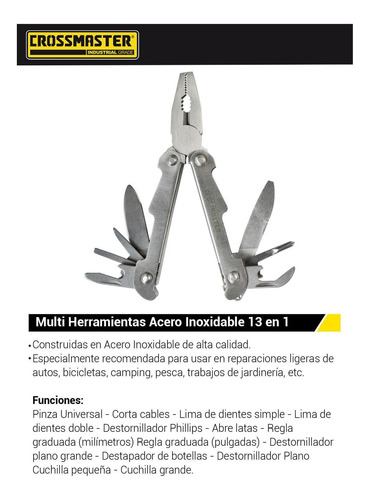Imagen 2 de 4 de Pinza Multi Herramienta Acero Inoxidable 13en1 Crossmaster