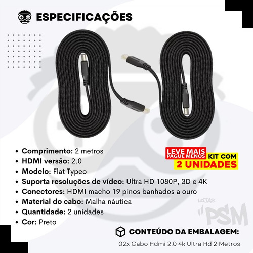 2 Cabo Hdmi 2m Ligar Conecta Notebook Pc Tv Monitor Projetor