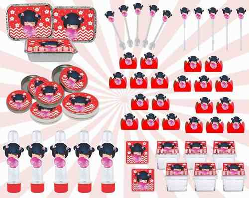 Kit Festa Bonequinha Japonesa Kokeshi Vermelha 178 Pças