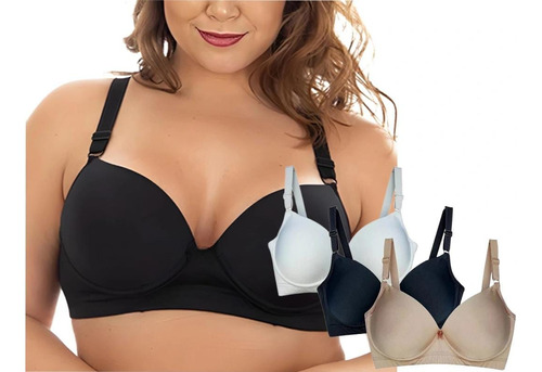 Kit 3 Sutiãs Plus Size Liso Sustentação Alça Larga Reforçada