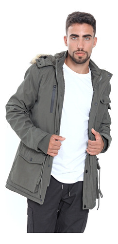 Campera Parka Hombre Invierno Forrada Gabardina Piel Capucha