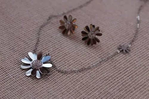 Imagen 2 de 5 de Cadena Y Aretes De Flores Con Cristales En Acero Inoxidable