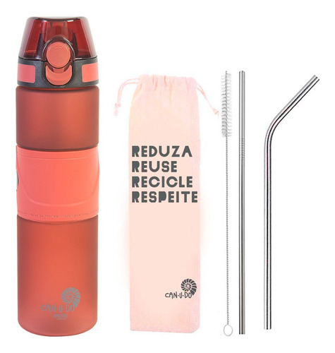 Kit Garrafa Squeeze Tritan + Kit 2 Canudos + Escova + Ecobag