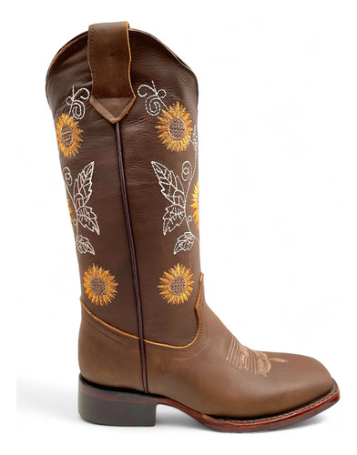 Bota Rodeo Dama Girasoles En Piel Suela De Vaquera Casual