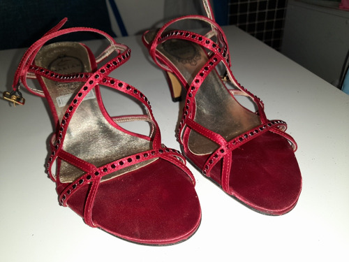 Sandalias De Fiesta Rojas Con Brillos Taco Aguja. Talle 36