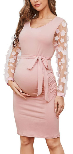 Vestido Midi De Maternidad De Manga Larga Con Malla Flor [u]