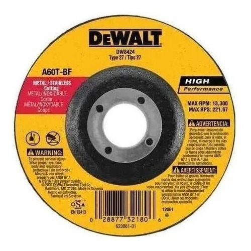 Disco Corte Metal Ultrafino 4 1/2 X 1mm X 7/8 Dewalt