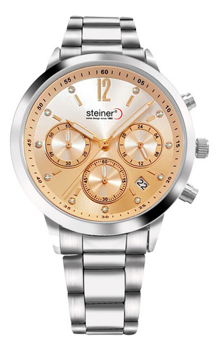 Reloj Análogo Extensible Acero Inox. Subesferas 3atm Dama Correa Plateado Bisel Plateado Fondo Dorado
