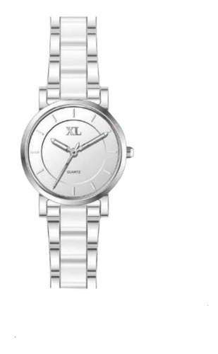 Reloj Mujer Xl Malla De Metal Plateada Y Blanca Mod. 741-14