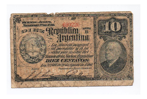 Billete 1896 Argentina 10ctvs Col027 Bot 1019 F: Areco Marin