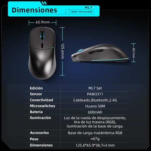Mouse Gamer Inalambrico Ml7 Paw3311 12000dpi Recargable